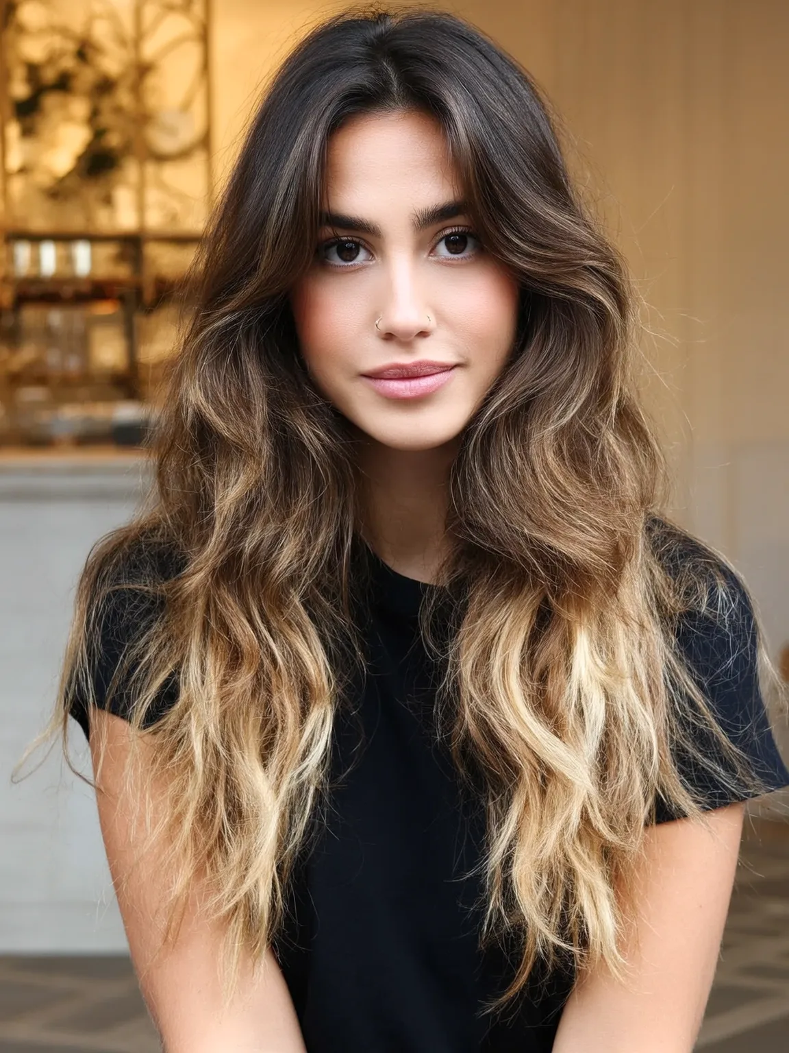 Long Layered Waves with Golden Ombre Highlights